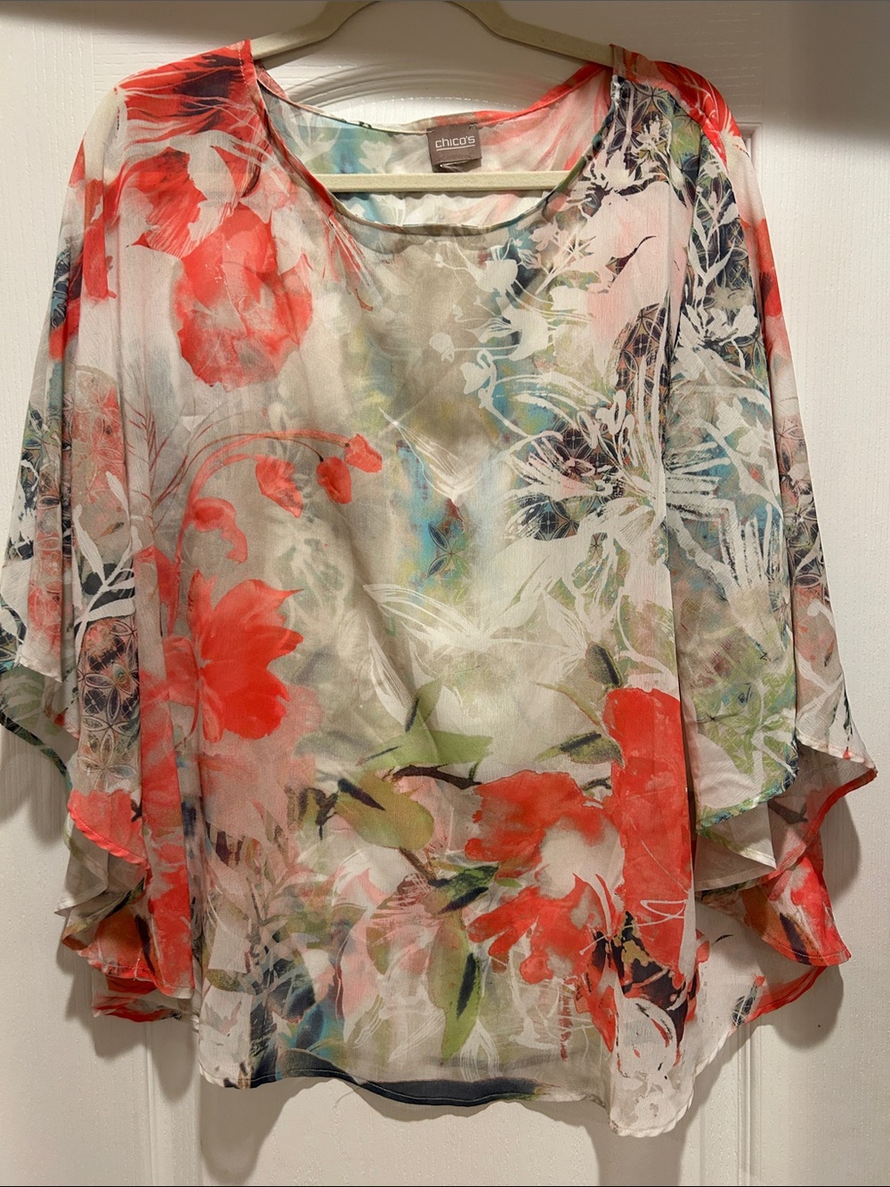 Chico's Sheer Floral Blouse in Coral, Green, Blue